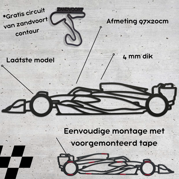 Formule 1 auto - Wanddecoratie - Max Verstappen - XL 97x21cm - Hout - Mat zwart - RB20 - Raceauto