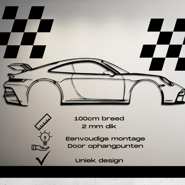 Porsche 911 GT3 RS Silhouette - Metaal Kunst - Wanddecoratie - Man Cave - Auto Decoratie - 98cm X 22cm - Muurdecoratie - Cadeau voor man
