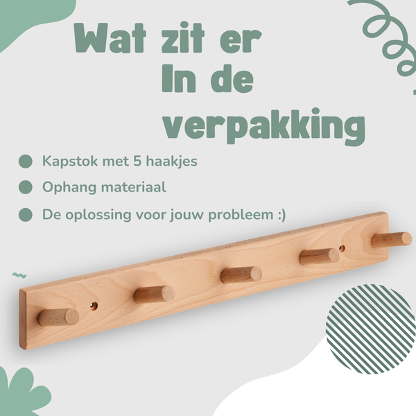 Jooba Kinderkapstok - Kapstok wandkapstok - Kapstok kinderkamer - 100% echt Beukenhout - 5 Haken - Puur en Natuur collectie - Kinderkamer - 45x6cm - Veilig en Duurzaam - Met bevestigingsmateriaal