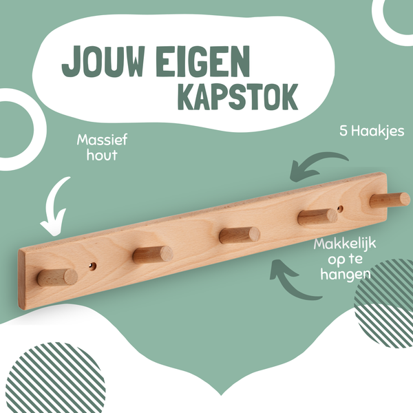 Jooba Kinderkapstok - Kapstok wandkapstok - Kapstok kinderkamer - 100% echt Beukenhout - 5 Haken - Puur en Natuur collectie - Kinderkamer - 45x6cm - Veilig en Duurzaam - Met bevestigingsmateriaal