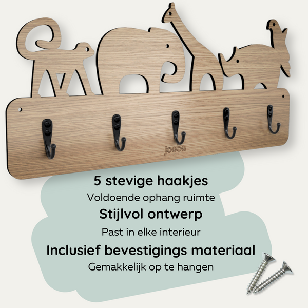 Jooba® Kinderkapstok - 5 haken - Kapstok met Dieren - Scandinavisch