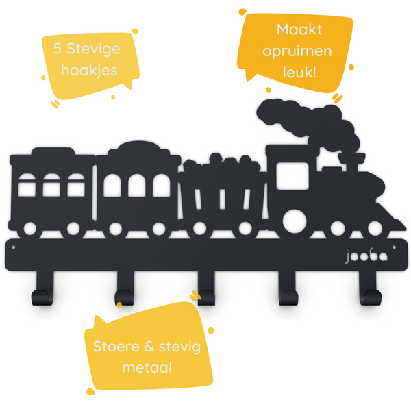 Kinderkapstok trein - Kinderkamer - 5 Haken - Kapstok met trein - Babykameraccessoires - Locomotief - Zwart - Wandkapstok - Met bevestigingsmateriaa