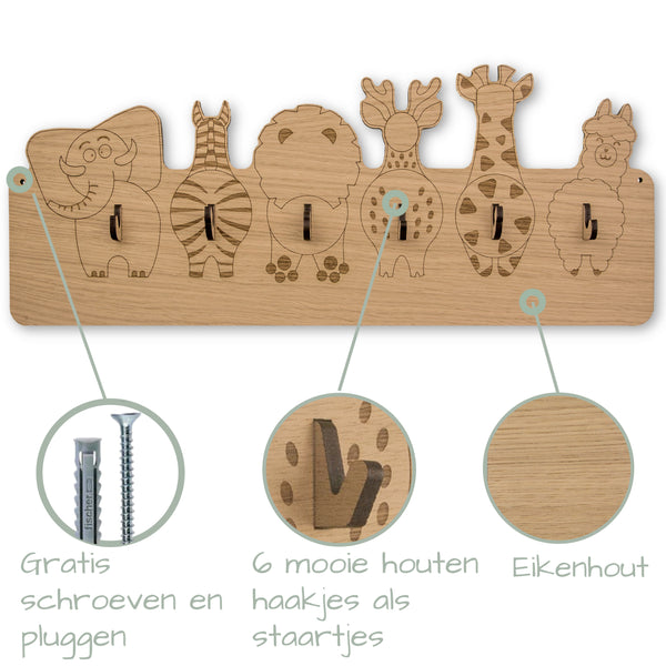 Jooba® Kinderkapstok - 6 houten haken - Kapstok met Dieren