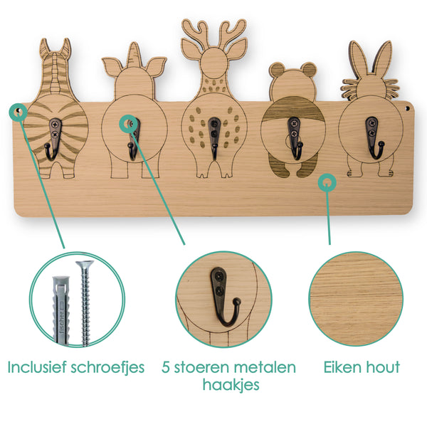 Jooba® Kinderkapstok - 5 metalen haken - Kapstok met Dieren